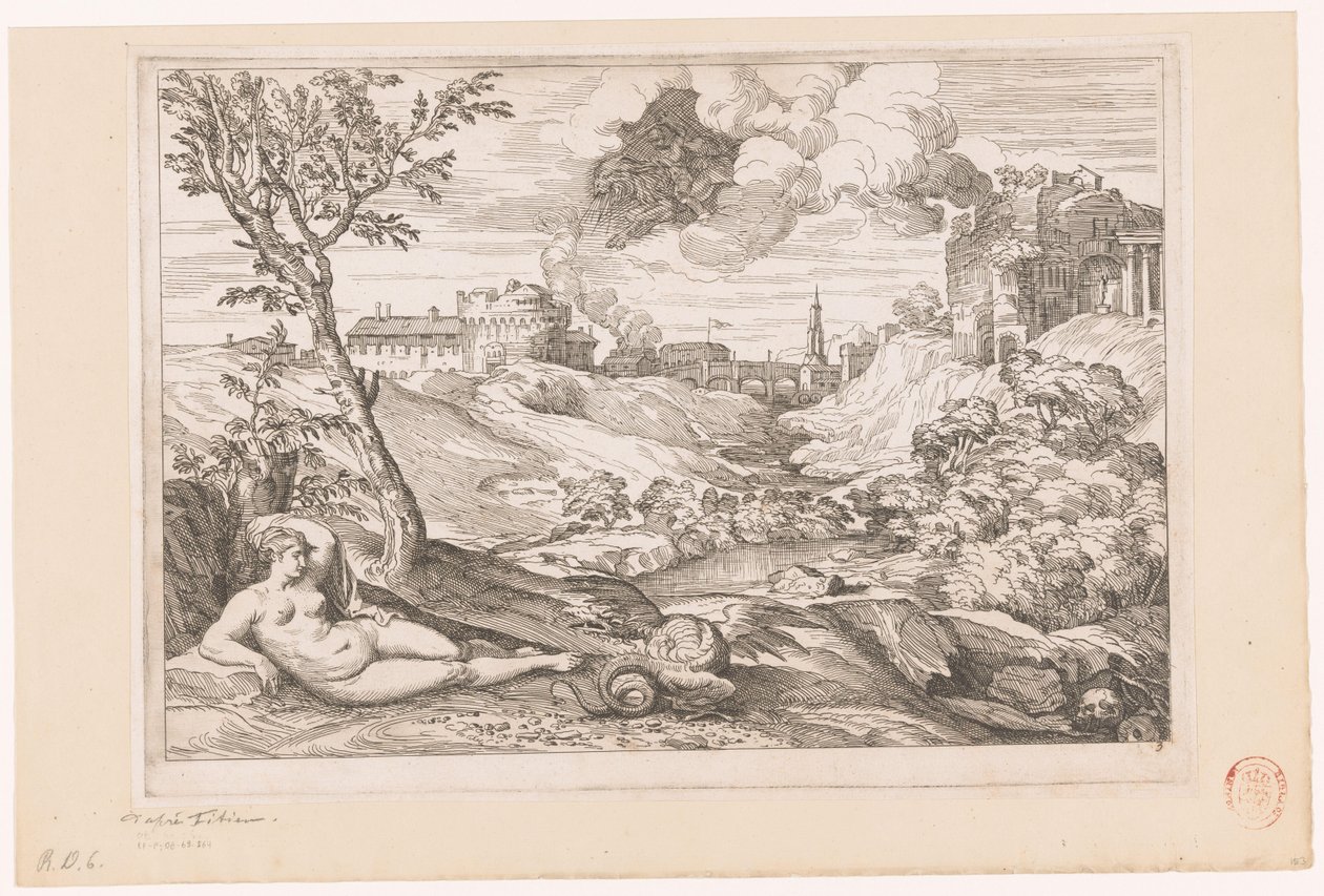 Landschaft mit Andromeda, bewacht vom Drachen, und Perseus, der in einer Wolke heranfliegt von Charles Macé (attributed to)