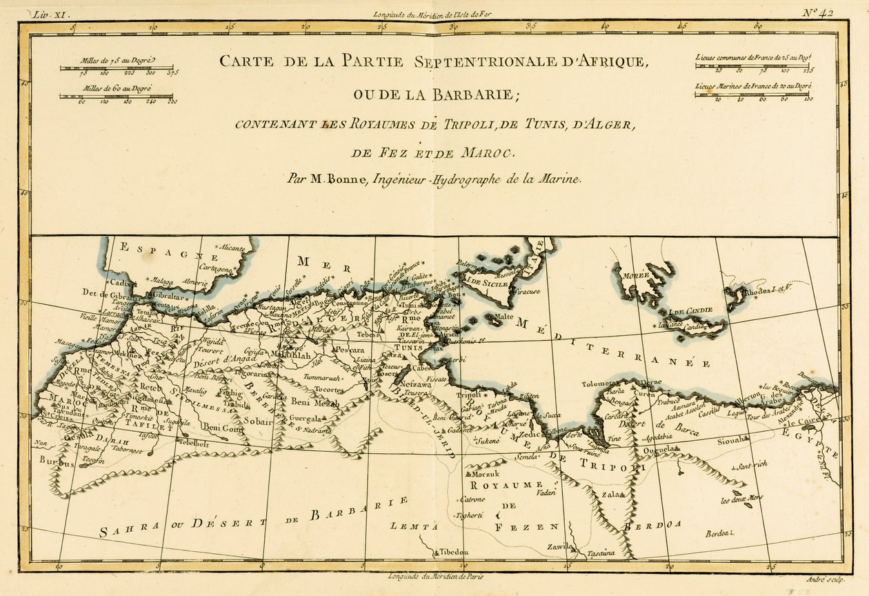 Nordafrika, einschließlich der Königreiche Tripolis, Tunis, Algerien; Fes und Marokko, aus Atlas de Toutes les Parties Connues du Globe Terrestre von Guillaume Raynal (1713-96), veröffentlicht in Genf, 1780 von Charles Marie Rigobert Bonne