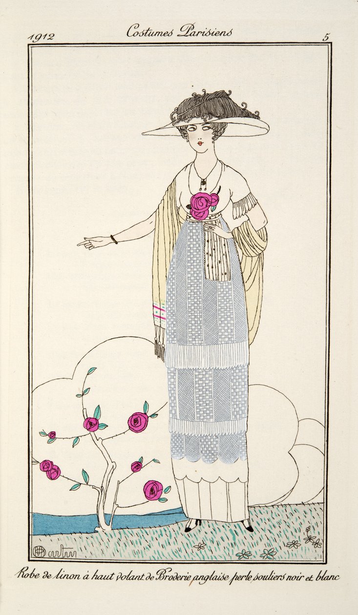 Robe de linon à haut volant de Broderie anglaise perle souliers noir et blanc, Tafel 5, Costumes Parisiens veröffentlicht im Journal des Dames et des Modes, 1912 (handkolorierter Stich) von Charles Martin
