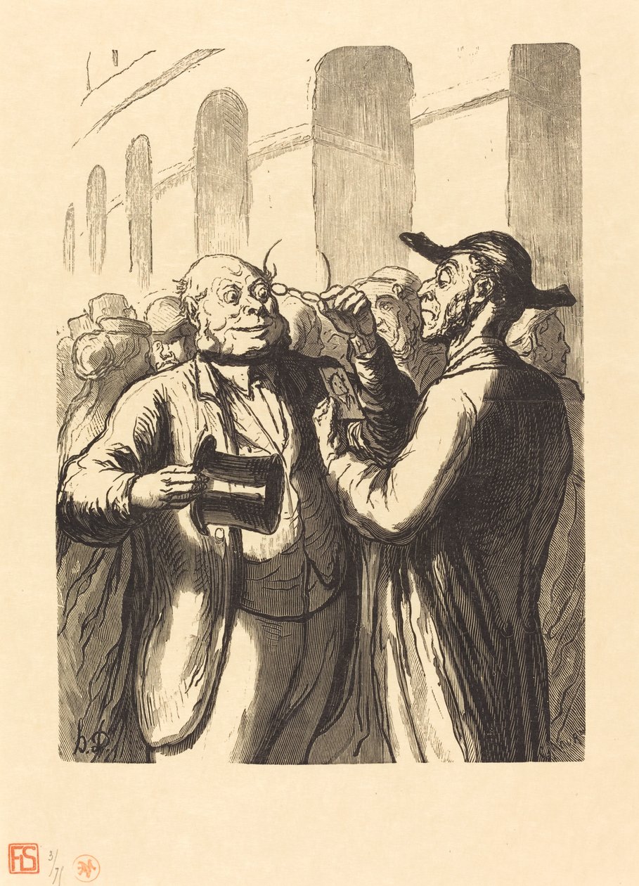Weltausstellung: Die Inspektion der Fotografien an den Drehkreuzen von Charles Maurand after Honoré Daumier