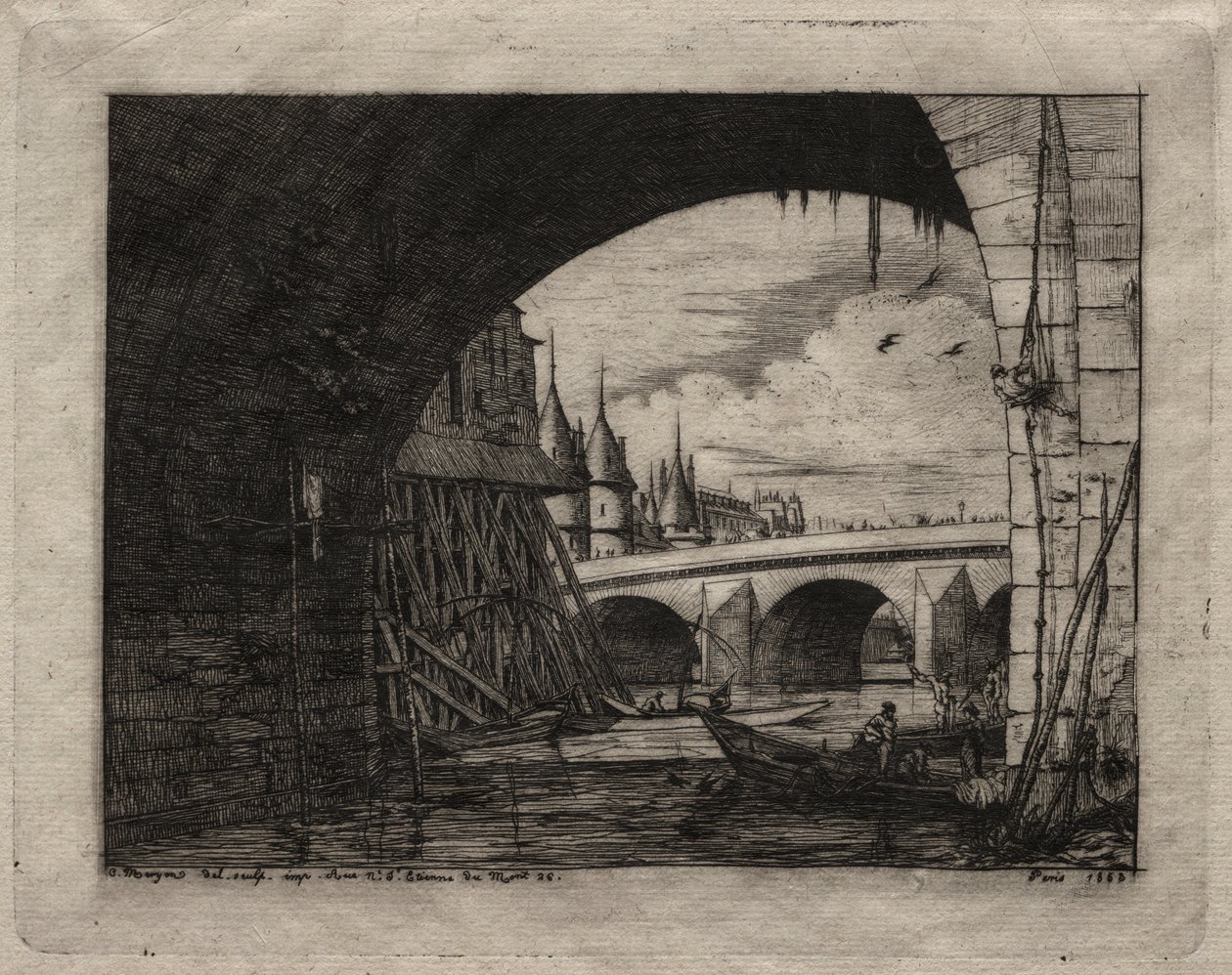 Radierungen von Paris: Ein Bogen der Notre-Dame-Brücke von Charles Meryon