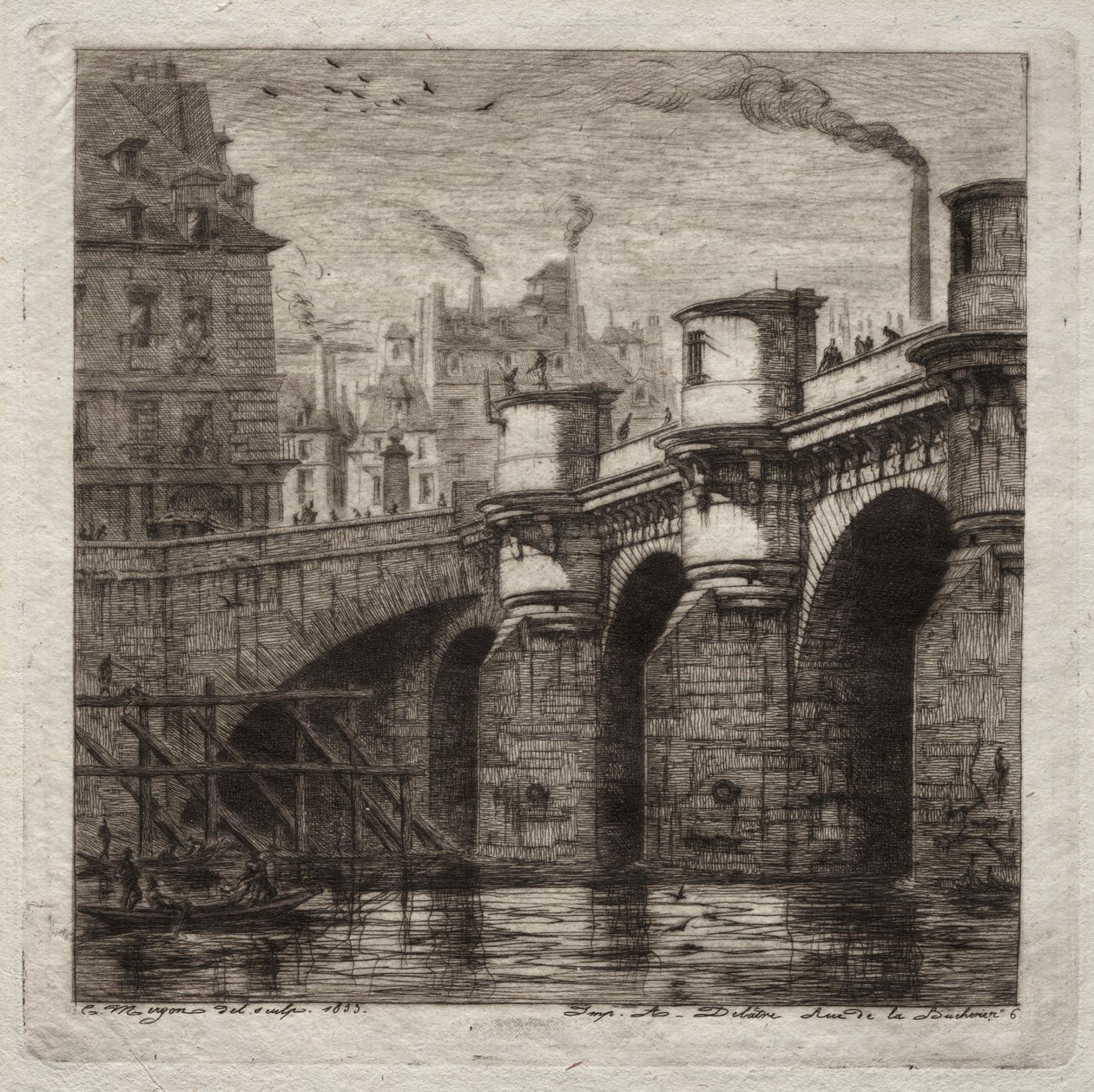 Radierungen von Paris: Die neue Brücke von Charles Meryon