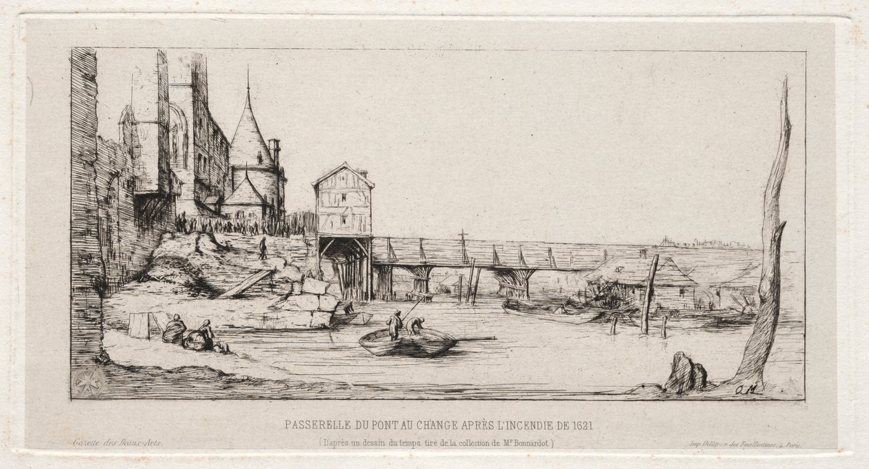 Fußgängerbrücke, die vorübergehend die Börsenbrücke ersetzt, Paris, nach dem Brand von 1621 von Charles Meryon