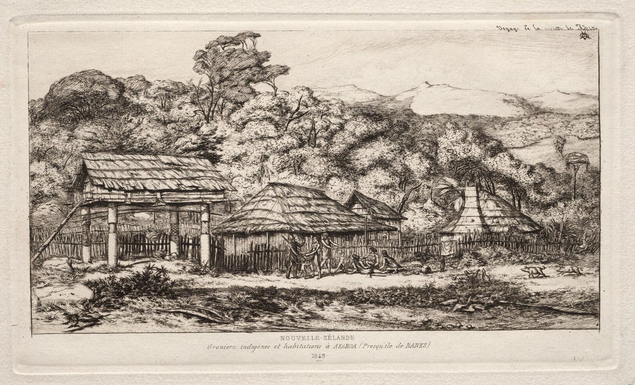 Einheimische Scheunen und Hütten in Akaroa, Banks-Halbinsel, 1845 von Charles Meryon