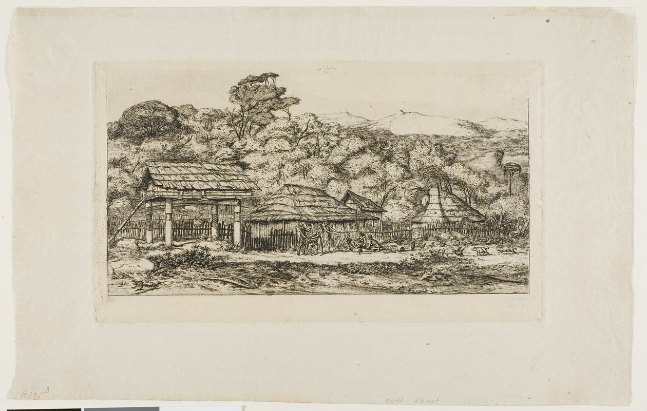 Einheimische Scheunen und Hütten in Akaroa, Banks-Halbinsel, 1845 von Charles Meryon