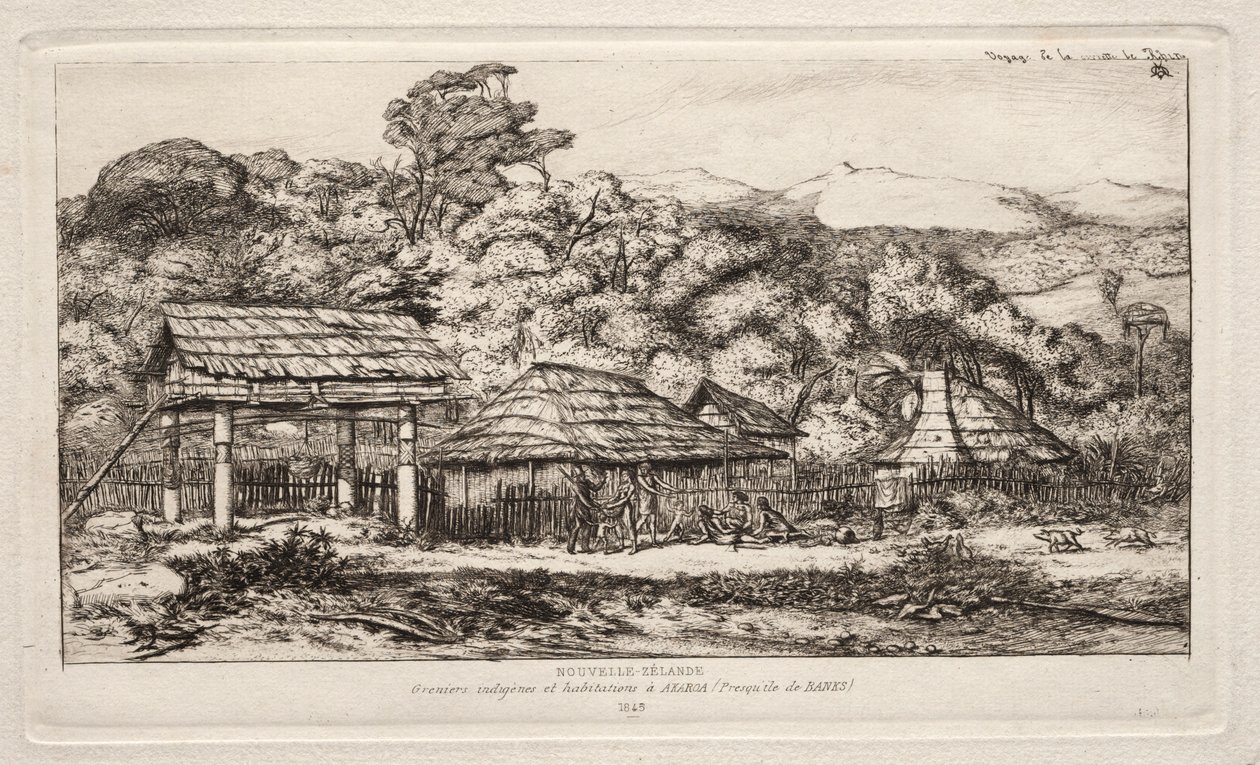 Einheimische Scheunen und Hütten in Akaroa, Banks Peninsula, 1845, 1865 von Charles Meryon