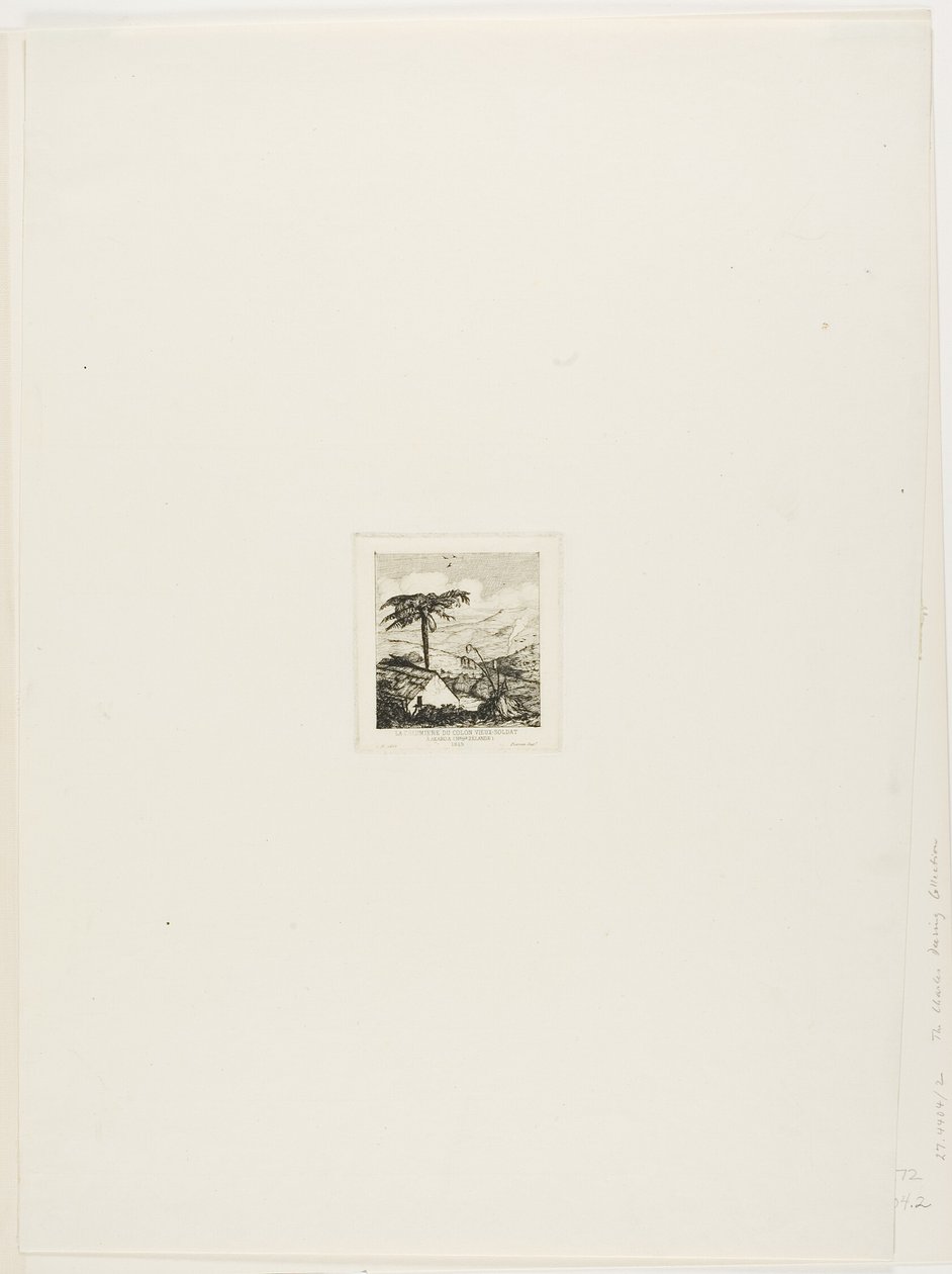 Das strohgedeckte Häuschen des alten Soldaten, Akaroa, 1845 von Charles Meryon
