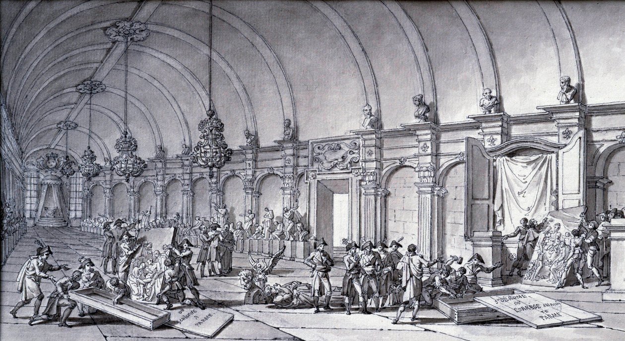 Plünderung von Kunstwerken unter Napoleon Bonaparte: „Die Madonna von Correggio (Antonio Correggio) wurde aus der Akademie von Parma genommen und im Mai 1796 den französischen Kuratoren übergeben“. Zeichnung mit chinesischer Tinte von Charles Meynier (1768 von Charles Meynier