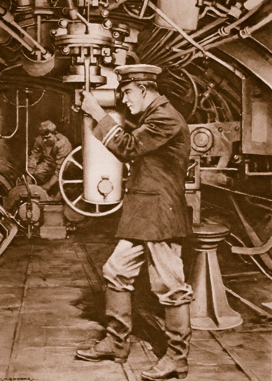 Britischer U-Boot-Offizier untersucht das Periskop in der Hoffnung, ein feindliches Ziel zu finden von Charles Murray Padday