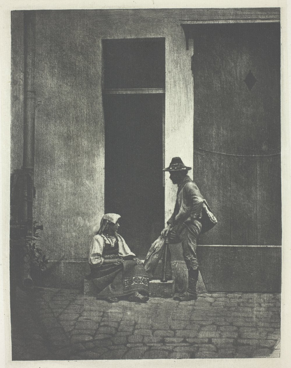 Pifferaro stehend und italienische Bäuerin sitzend, im Hof des 21 Quai Bourbon von Charles Nègre