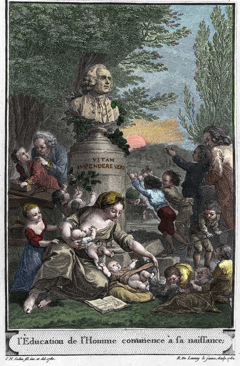 Die menschliche Erziehung beginnt bei der Geburt. Frontispiz (1782) von „L