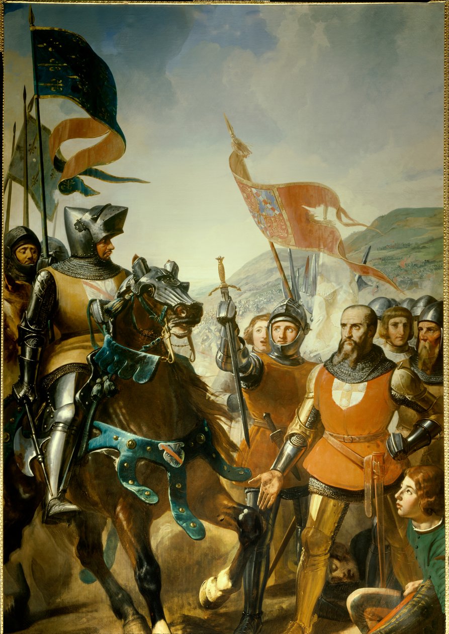 Hundertjähriger Krieg (1337-1453): Detail der „Schlacht von Cocherel, nahe Evreux, gewonnen von Bernard du Guesclin (1320-1380) gegen die Truppen des Königs von Navarra, am 16.05.1364“ Gemälde von Charles Philippe Lariviere (1798-1876) um 1837 von Charles Philippe Lariviere