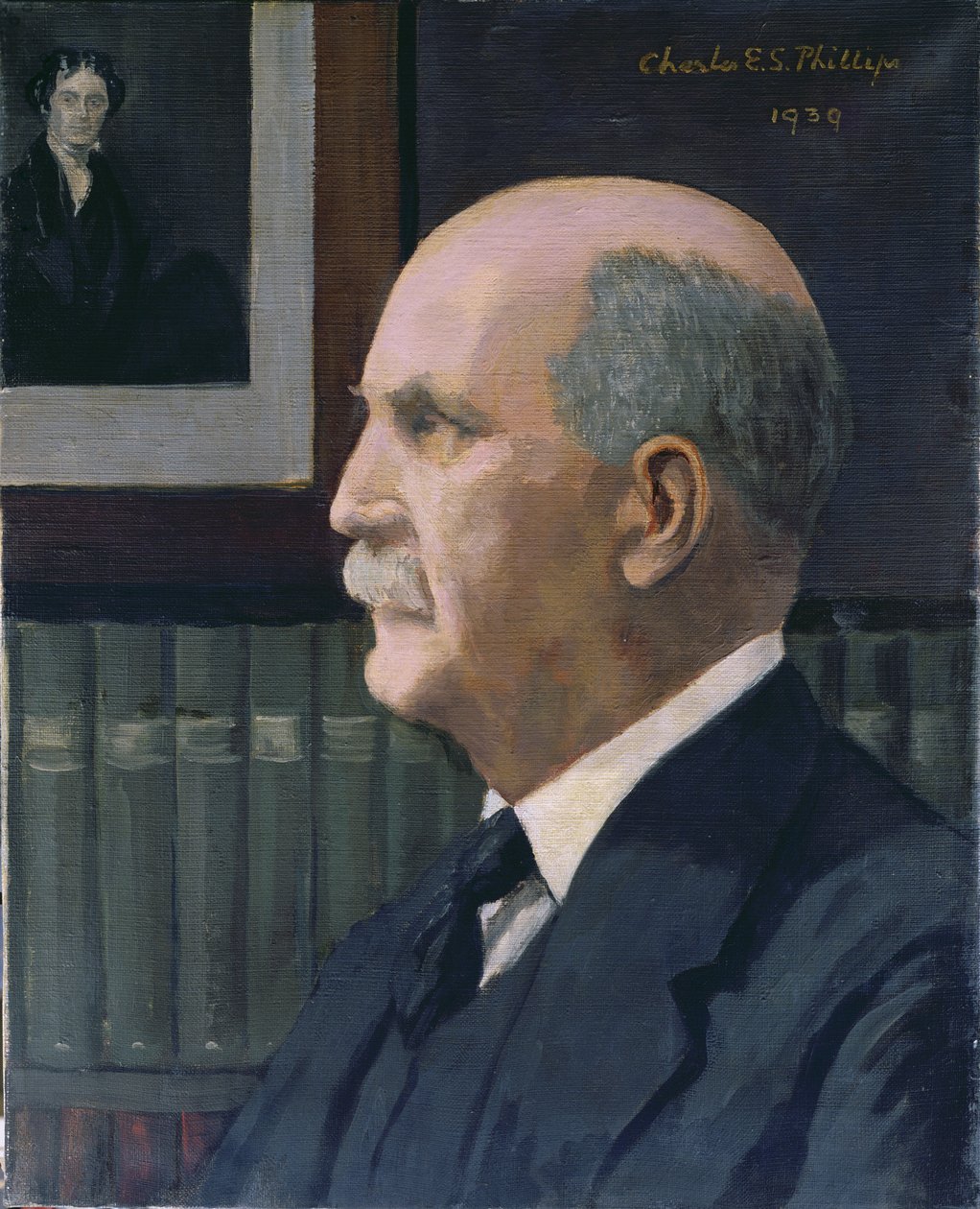 William Henry Bragg (1862-1942) mit einem Bild von Michael Faraday (1791-1867) im Hintergrund, 1939 von Charles Phillips