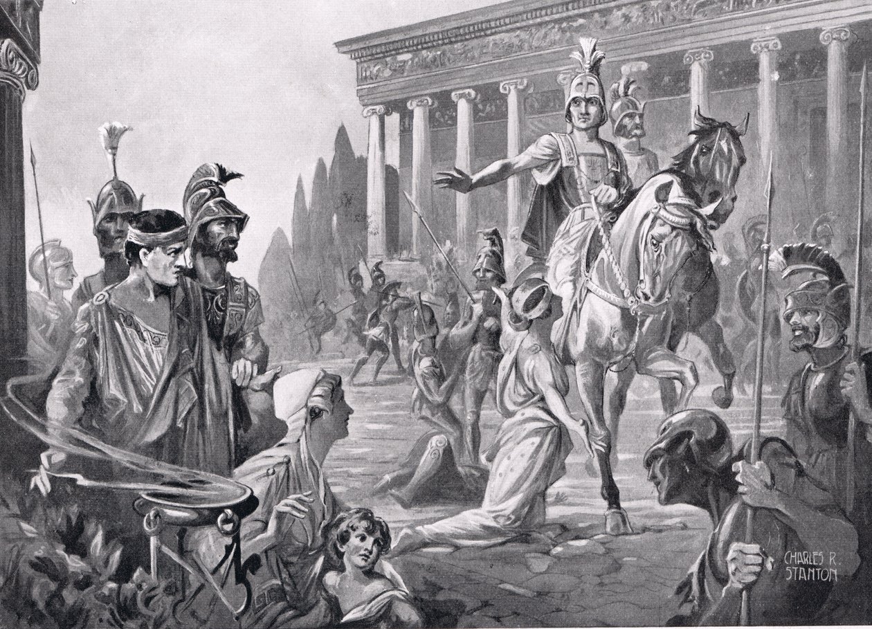 Alexander bei der Plünderung von Theben im Jahr 335 v. Chr., Illustration aus 