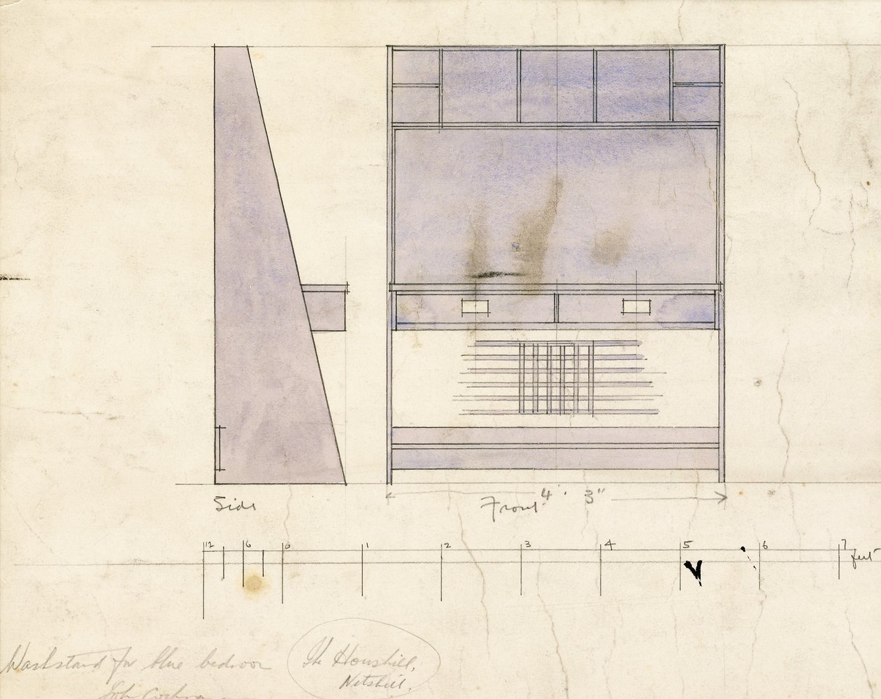 Entwurf für ein Waschbecken, in Seiten- und Vorderansicht gezeigt, 1904 von Charles Rennie Mackintosh