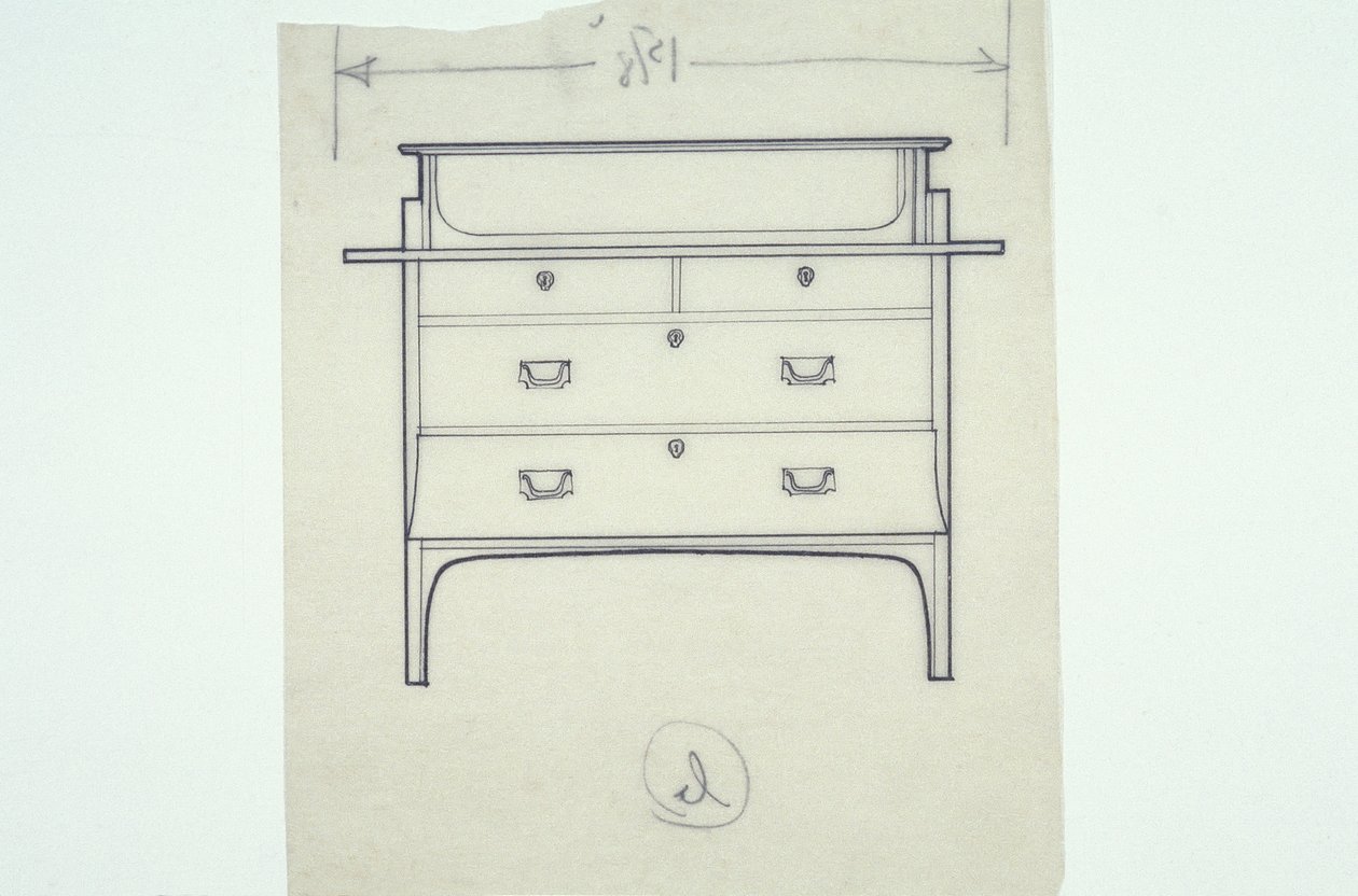 Linienzeichnung eines Möbels (eine Sitzbank mit bemalten Paneelen), ca. 1910 von Charles Rennie Mackintosh