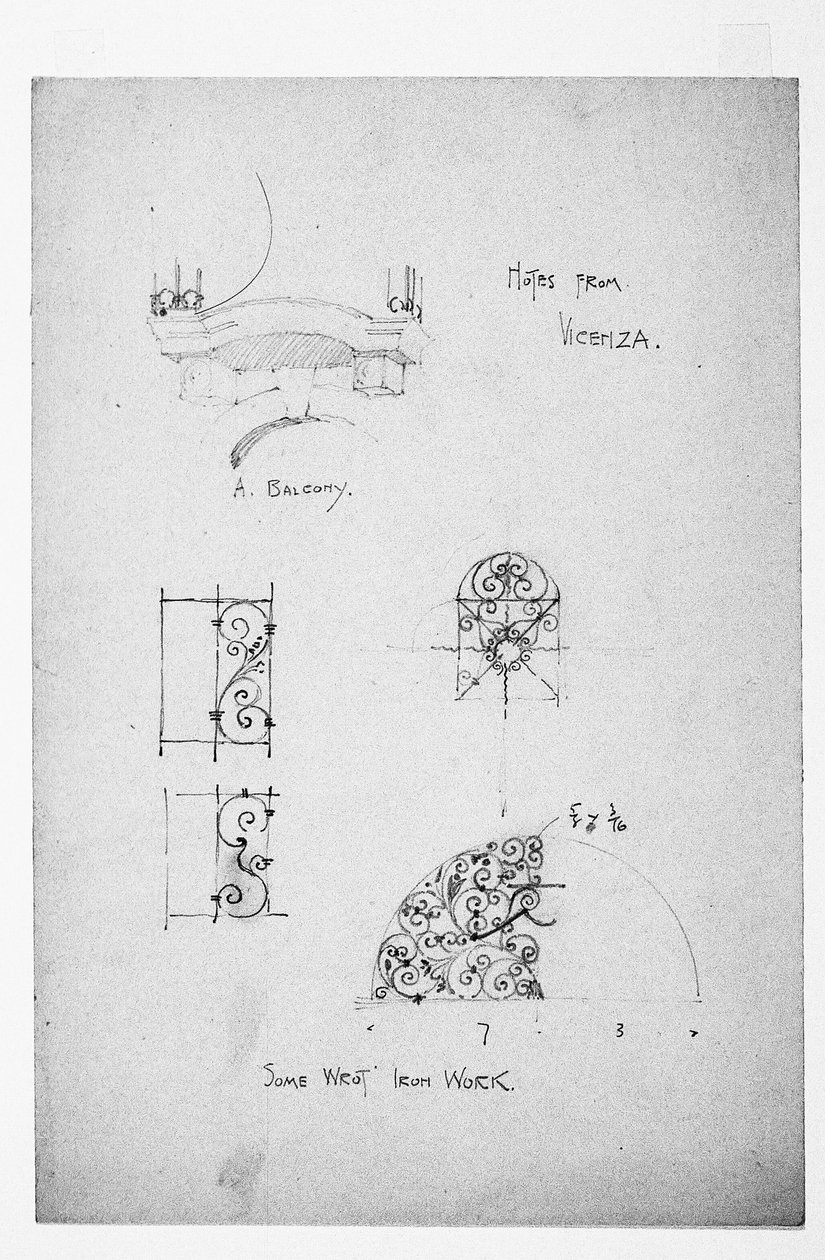 Vicenza, links ein Balkon und unten einige Schmiedeeisenarbeiten, 1891 von Charles Rennie Mackintosh