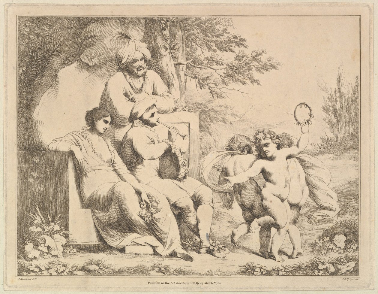 Drei Putti tanzen zu einem Pfeifer, 1. März 1780 von Charles Reuben Ryley