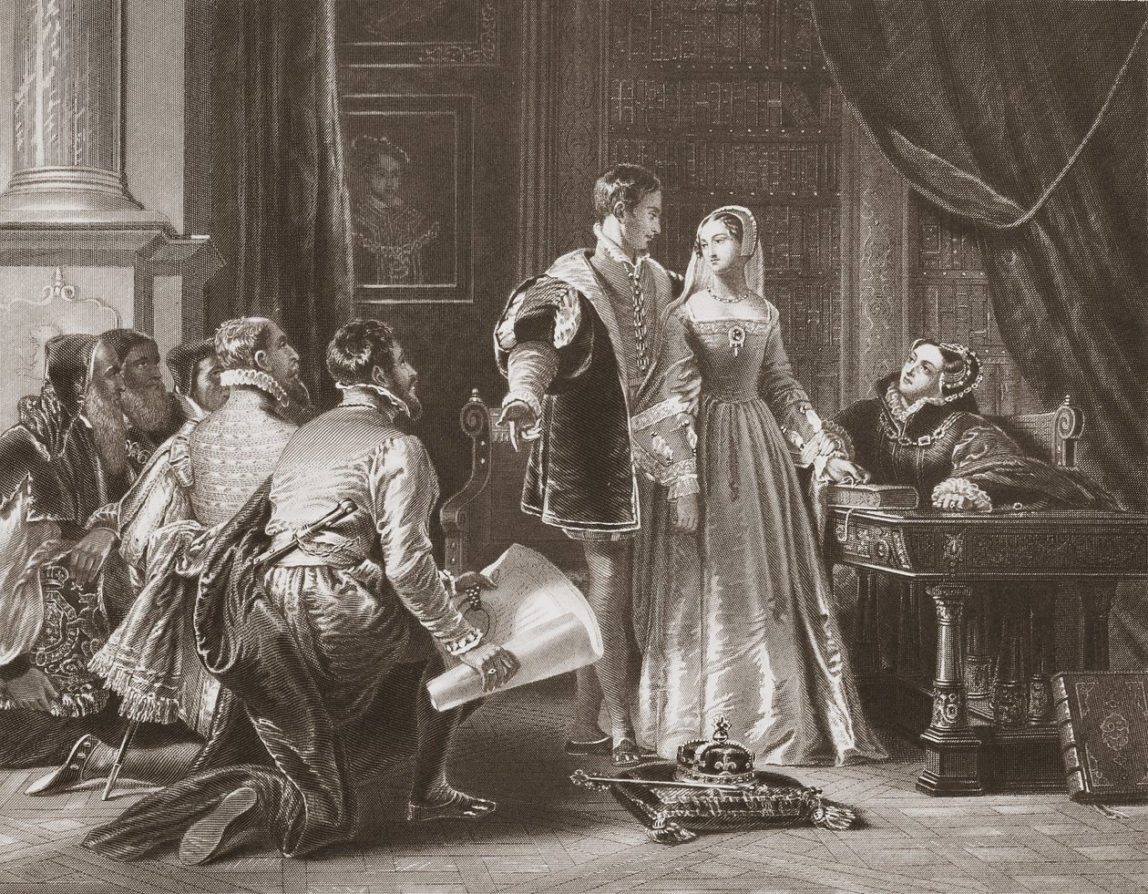 Lady Jane Greys Widerwillen, die Krone anzunehmen, graviert von A.H. Payne von Charles Robert (after) Leslie