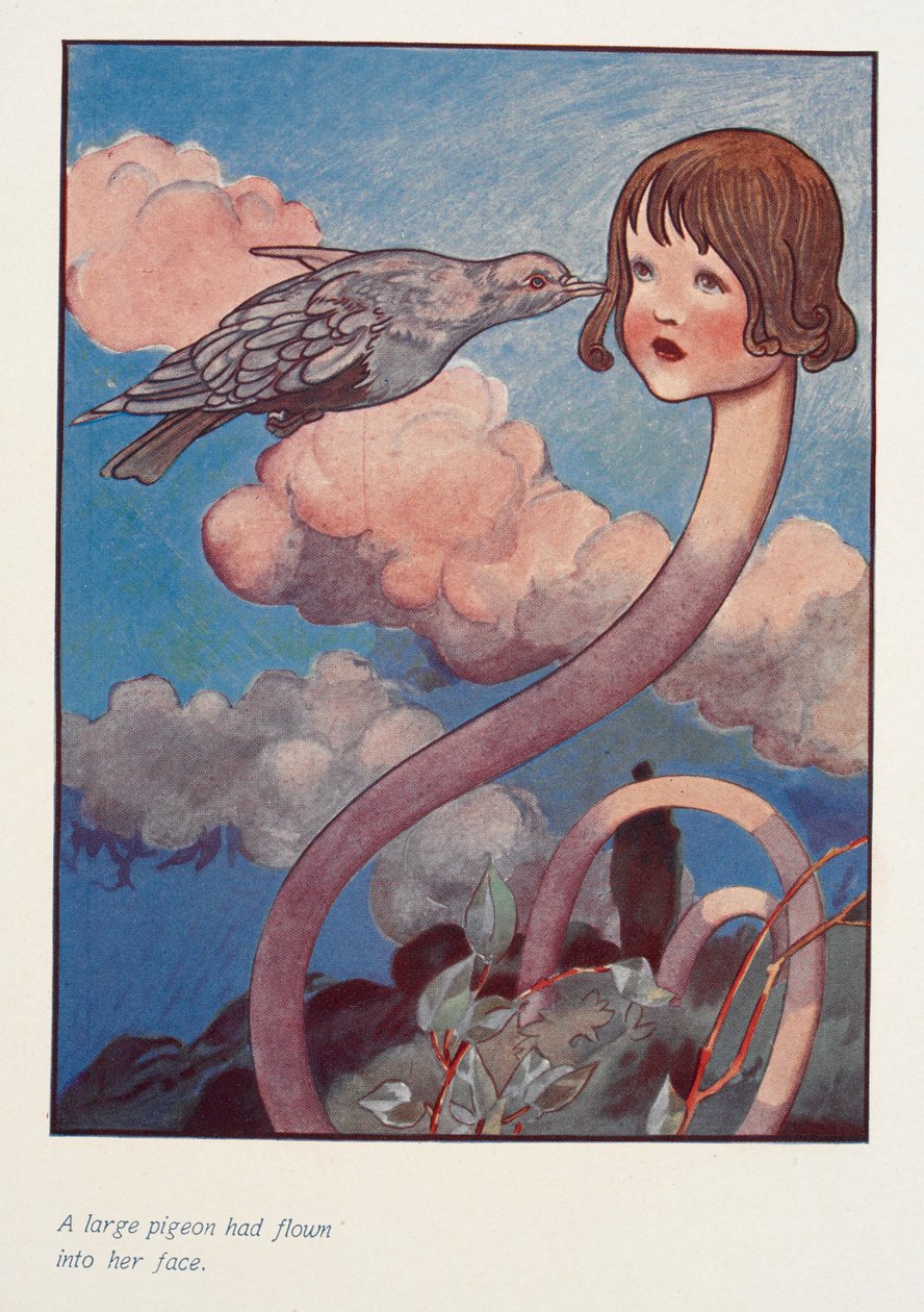 Eine große Taube war ihr ins Gesicht geflogen. Alice mit langem Hals. von Charles Robinson