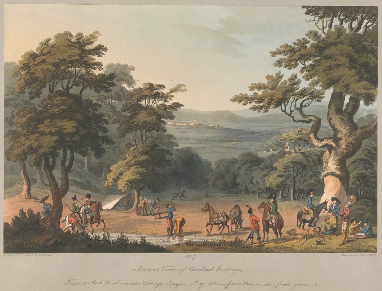 Nr. 7 Ferne Ansicht von Cuidad Rodrigo vom Eichenwald nahe dem Dorf Espeja März 1811 von Charles Turner