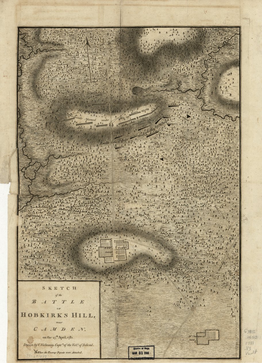 Skizze der Schlacht von Hobkirks Hill, nahe Camden, am 25. April 1781, veröffentlicht in London, 1794 von Charles Vallancey