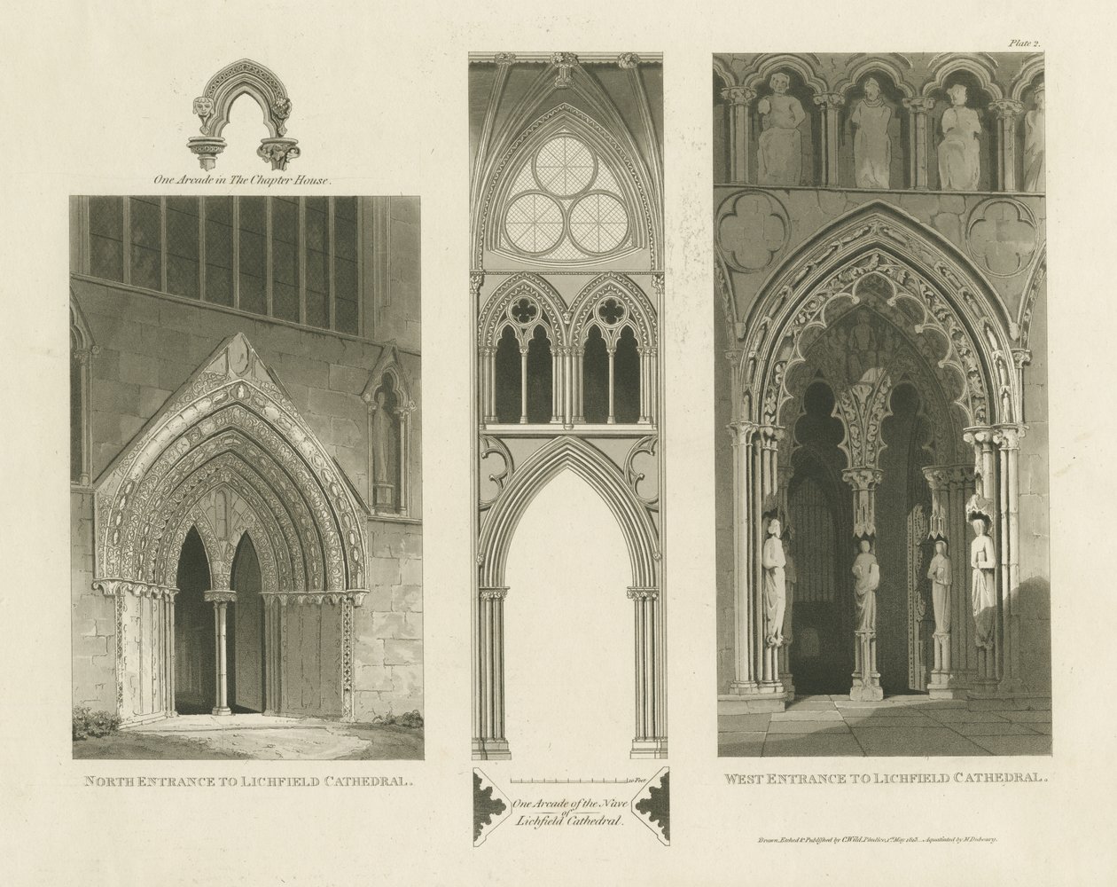 Kathedrale von Lichfield - Westportal, Nordportal und Schiff (Aquatinta-Stich) von Charles Wild