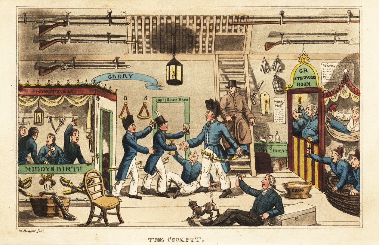 Johnny Newcome trinkt Grog im Cockpit mit anderen Midshipmen von Charles Williams