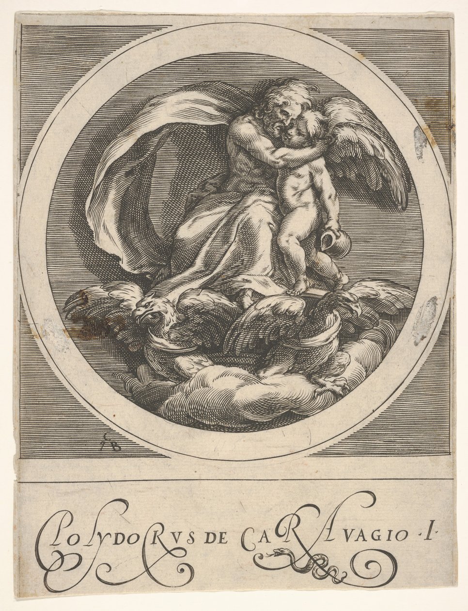 Jupiter, sitzend über zwei Adlern und Amor umarmend, eine runde Komposition aus einer Serie, ca. 1590 von Cherubino Alberti