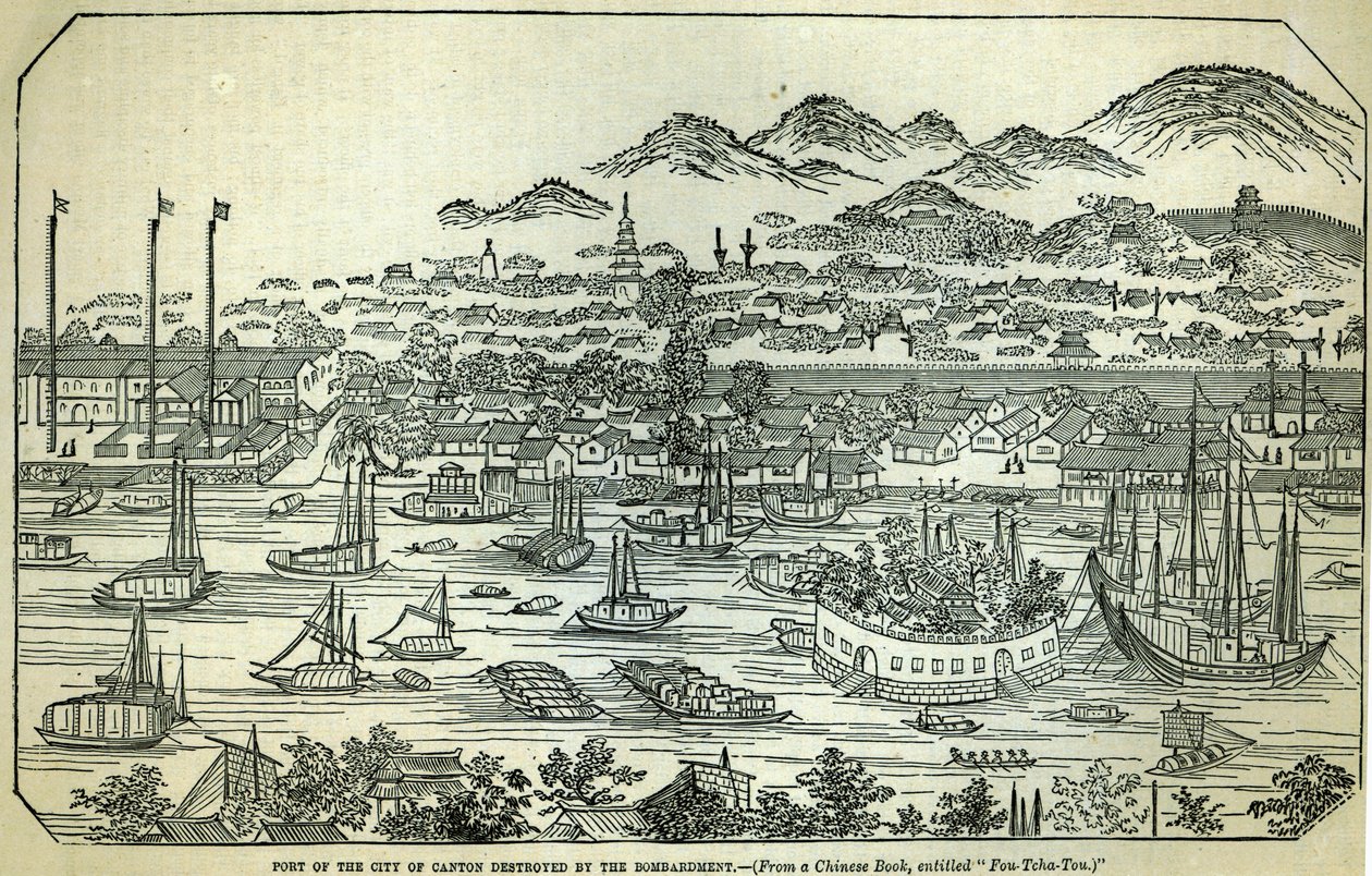 Hafen der Stadt Kanton, zerstört durch die Bombardierung, chinesische Illustration gedruckt in 