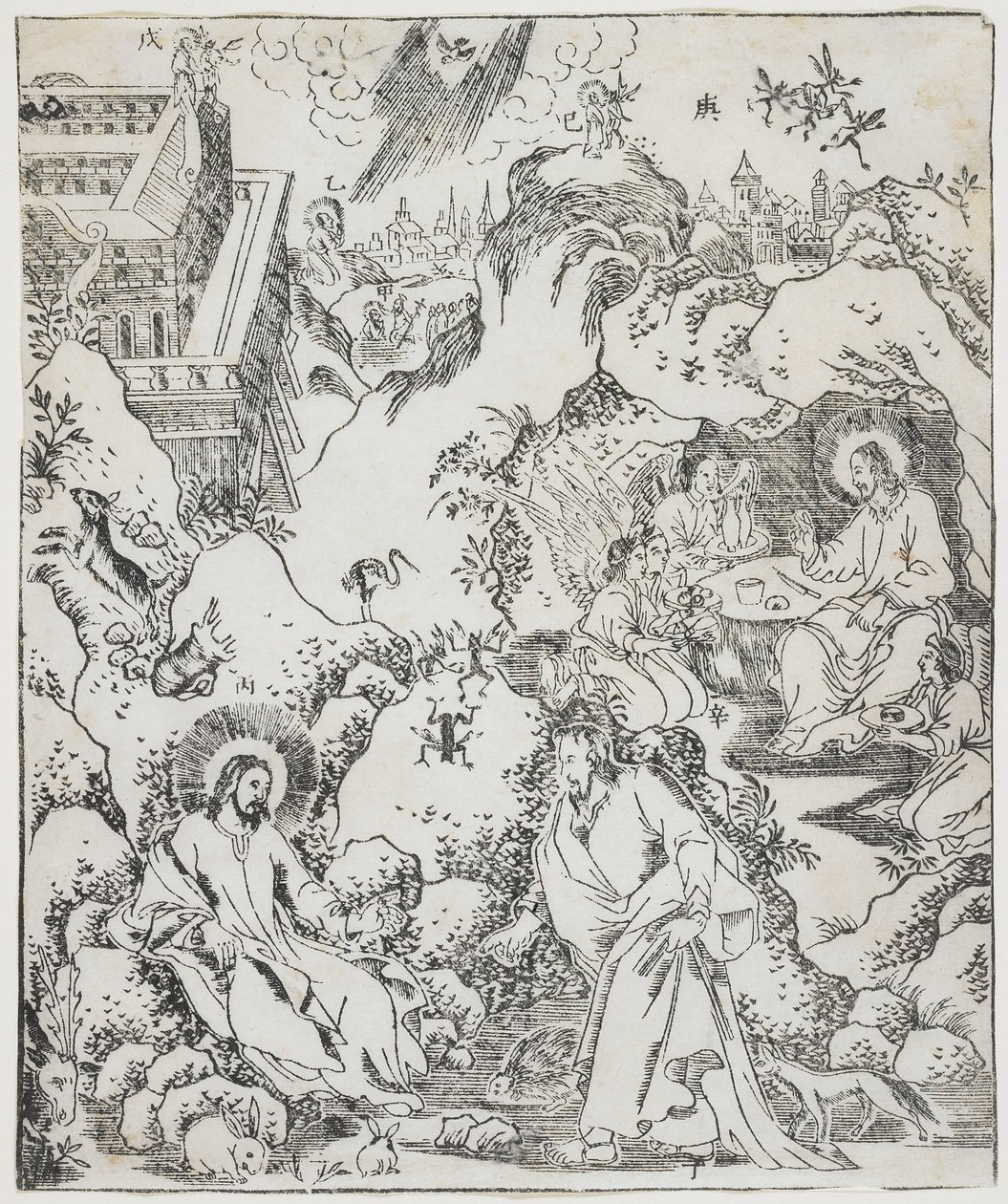 Christus in der Wüste, Platte aus Giulio Alenis Tianzhu jiangsheng zhuxiang jingjie (Eine illustrierte Geschichte des Herrn des Himmels, der Fleisch geworden ist), Jinjiang Kirche, Provinz Fujian von Chinese School