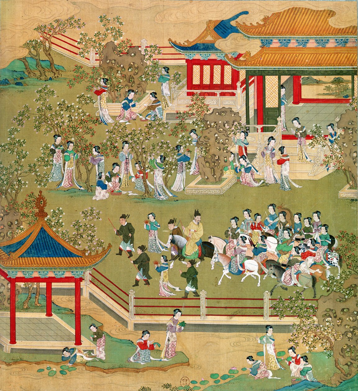Kaiser Yang Ti (581-618) spaziert mit seinen Frauen in seinen Gärten, aus einer Geschichte der chinesischen Kaiser von Chinese School
