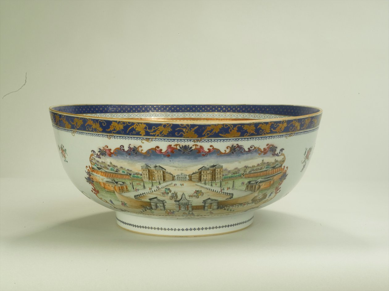 Famille-Rose-Punschschale mit ovalem Blattmotiv, das das Foundling Hospital in den 1750er Jahren darstellt, Qianlong-Periode (1736-95) ca. 1790 von Chinese School