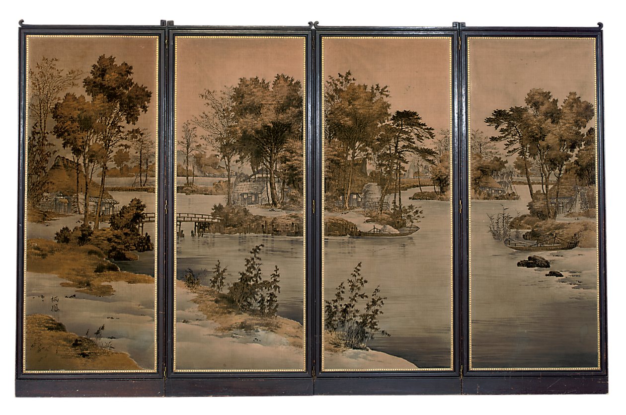 Vierfacher Bildschirm mit Samtpaneelen, gewebt mit einer Flusslandschaft in Grisaille-Tönen von Chinese School