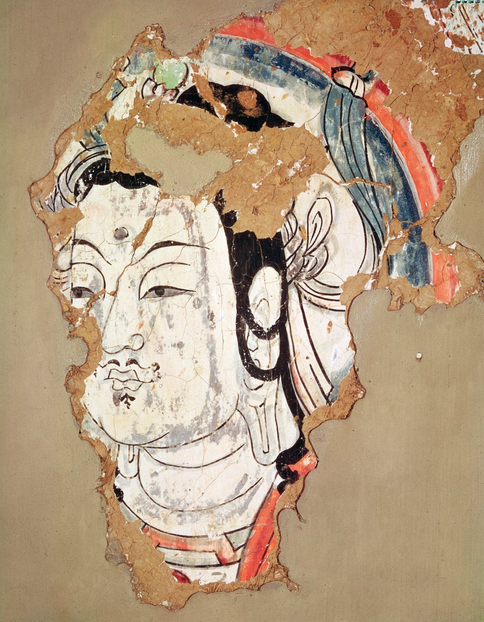 Kopf von Buddha mit einem Heiligenschein, aus Kao-chang, Xinjiang, Chinesisch-Turkestan, 8.-9. Jahrhundert von Chinese School