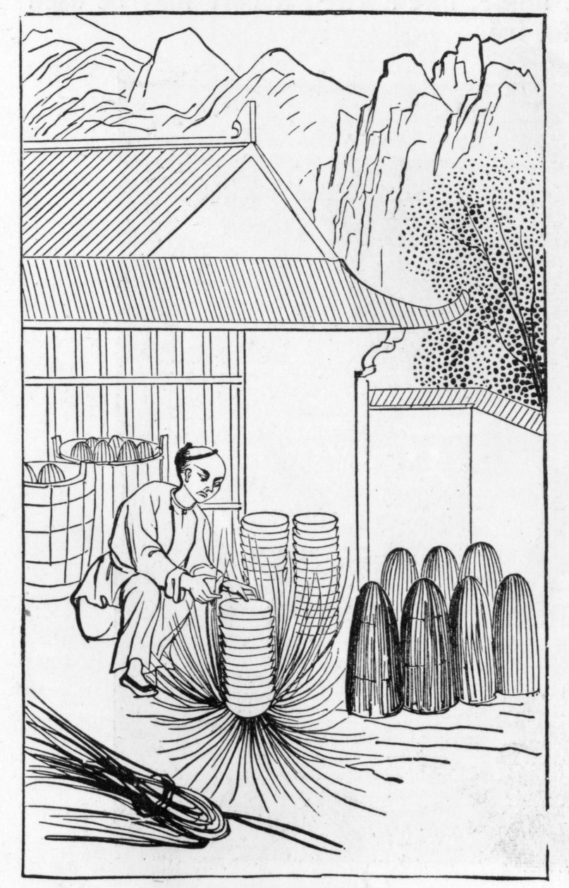 Verpackung von Porzellan, aus einer Serie von Illustrationen zur Herstellung von Porzellan von Chinese School