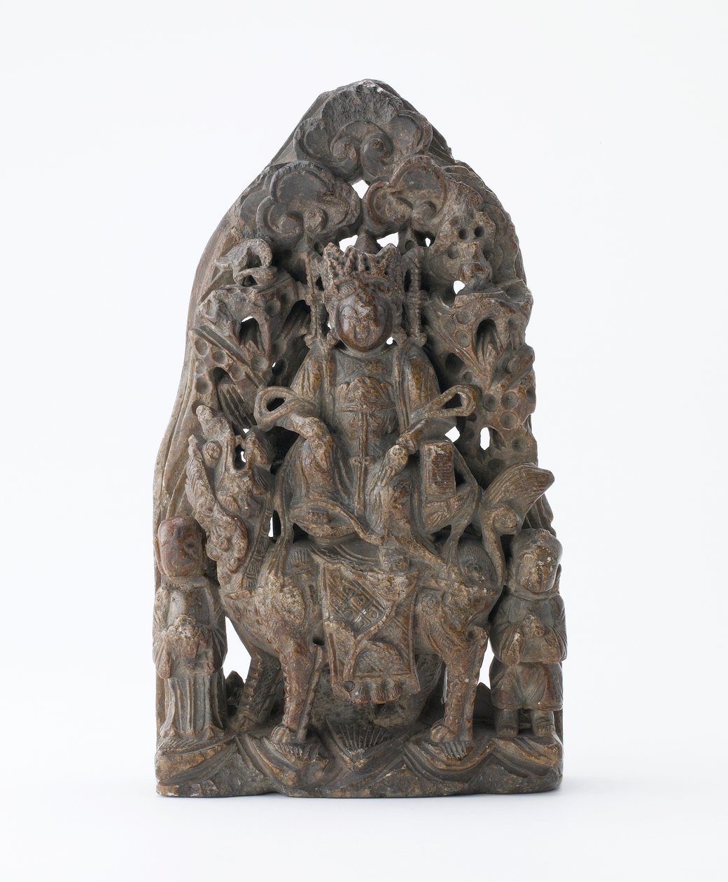 Kleine Specksteintafel mit durchbrochenem Relief von Manjusri auf Löwe, Zeit der Teilung, 543 n. Chr. von Chinese School