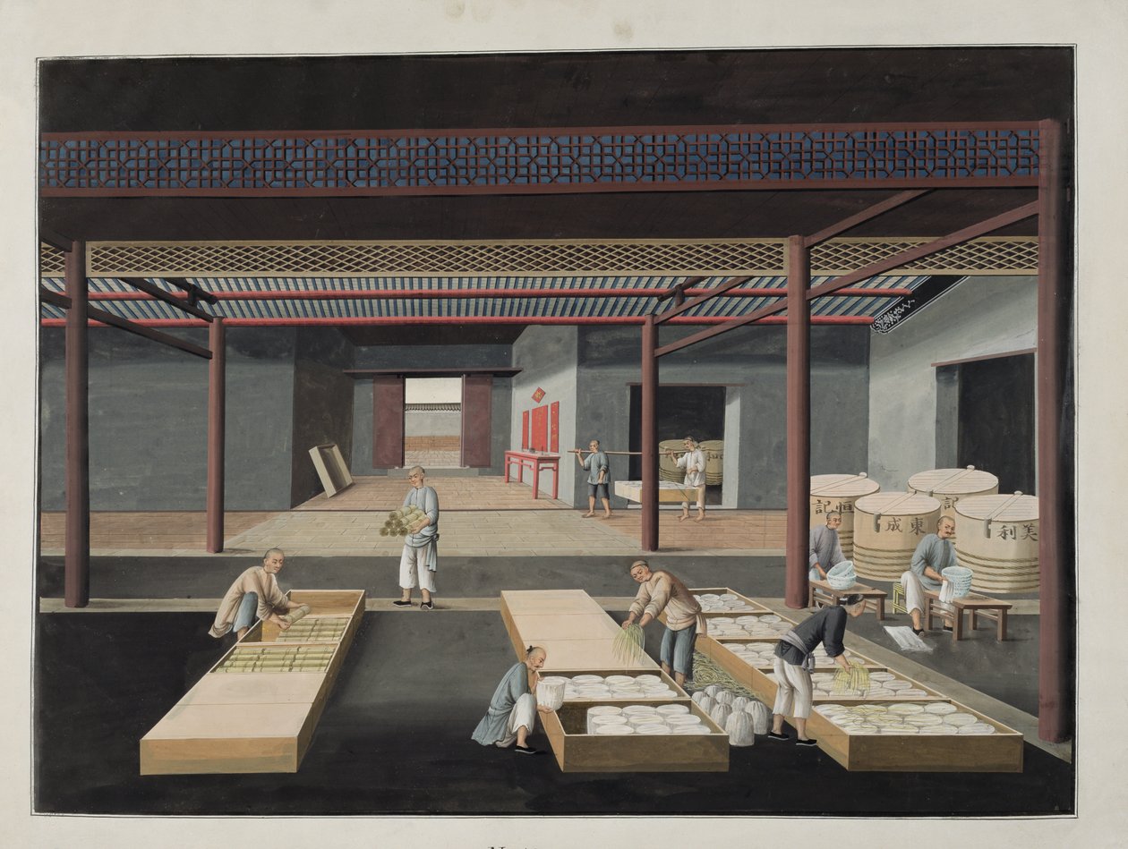Das Verpacken und Versenden von Schalen und Tellern, Platte 12 aus einer Serie von zwölf, die den Herstellungsprozess von chinesischem Porzellan darstellen, 19. Jahrhundert von Chinese School