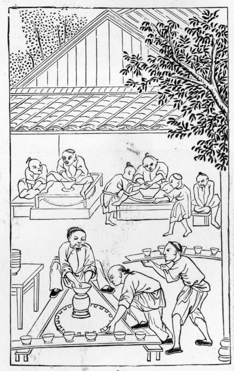 Drehen von Tassen, aus einer Serie von Illustrationen zur Herstellung von Porzellan von Chinese School