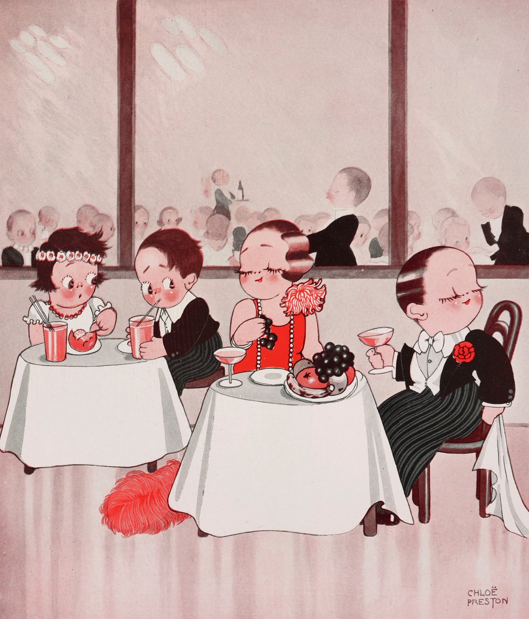 Stadtmäuse und Landmäuse, feine Bürger gegen unfeine Landbewohner, Restaurantszene, Zeichnung von Chloe Preston aus The Tatler, Nr. 1384, 4. Januar von Chloe Preston