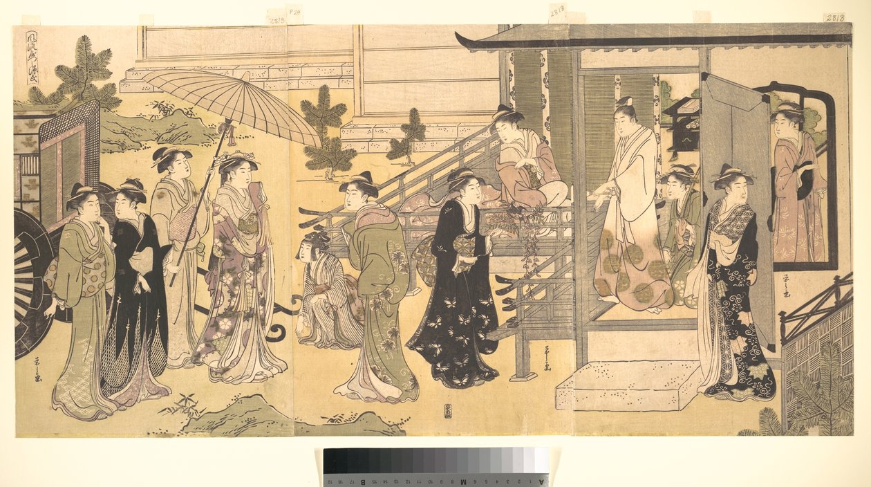 Eine verkleidete Szene aus der Geschichte vom Prinzen Genji (Fūryū Yatsushi Genji), Kapitel 33, „Glyzinienblätter (Fuji no uraba)“ von Chobunsai Eishi