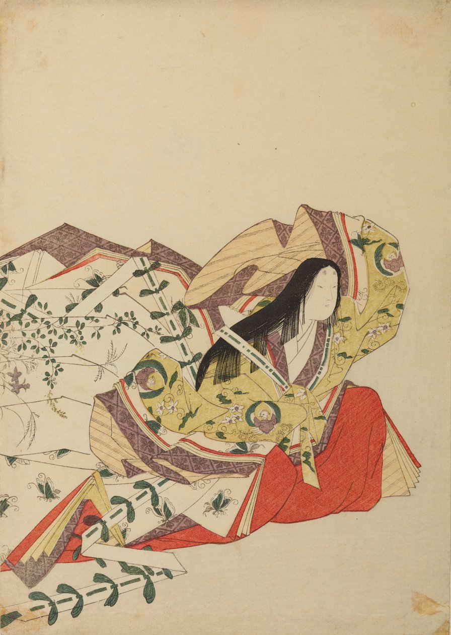 Dame des Hofes, sitzend mit erhobener Hand über dem Kopf, Tafel aus dem Album: Sechsunddreißig Dichterinnen / Nishiki-zuri onna rokkasen e-zukushi von Chobunsai Eishi