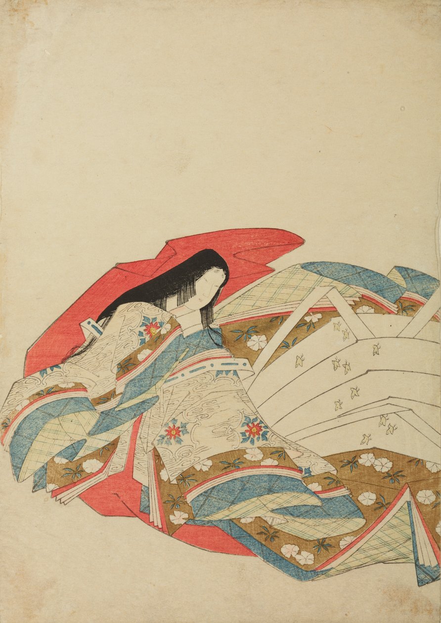 Sitzende, nach links gewandte Hofdame, Tafel aus dem Album „Nishiki-zuri onna sanju rokkasen e-zukushi“ von Chobunsai Eishi