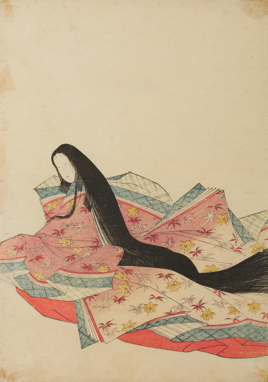 Hofdame sitzend, nach links gewandt, in lila-rosa Gewand, Tafel aus dem Album: Nishiki-zuri onna sanju rokkasen e-zukushi von Chobunsai Eishi