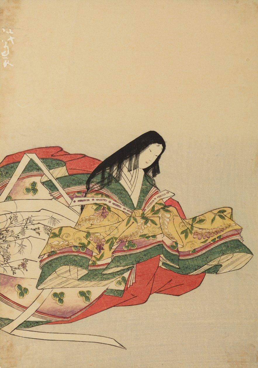 Hofdame sitzend, nach rechts gewandt, Tafel aus dem Album: Nishiki-zuri onna sanju rokkasen e-zukushi von Chobunsai Eishi