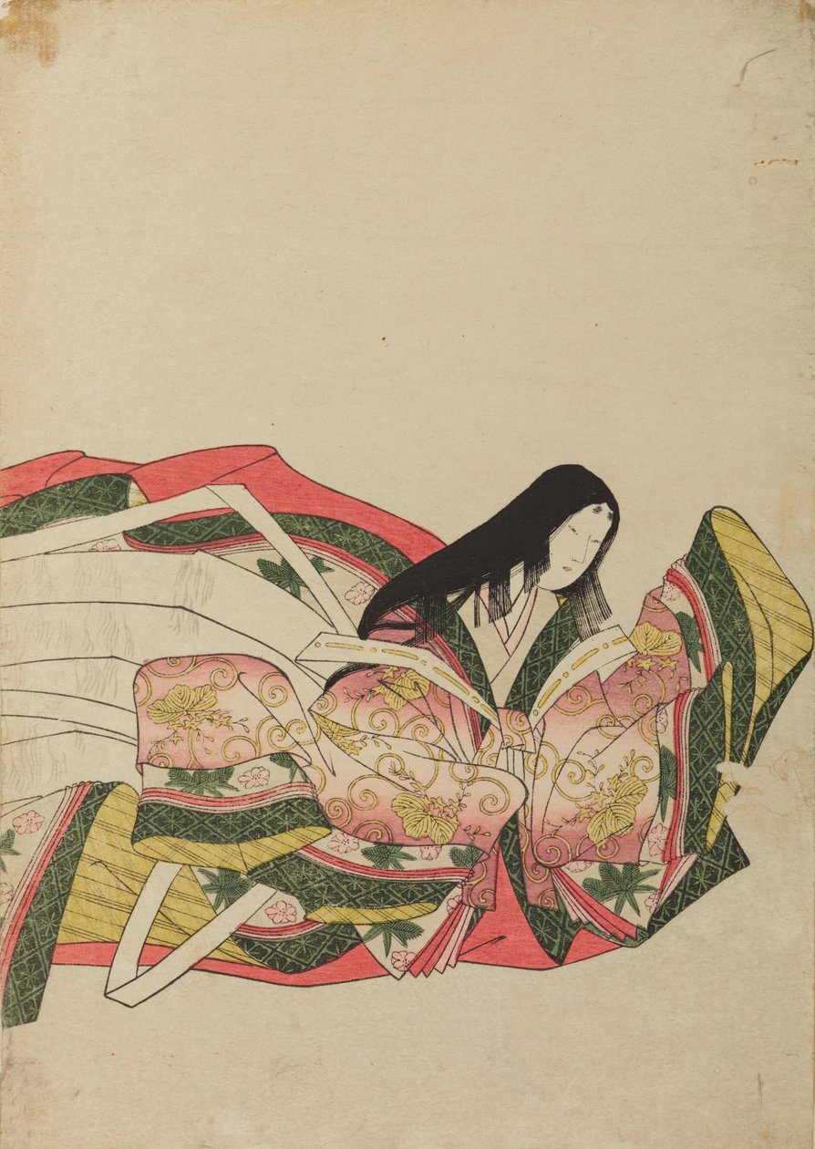 Sitzende Hofdame, nach rechts gewandt, Tafel aus dem Album: Sechsunddreißig Dichterinnen von Chobunsai Eishi