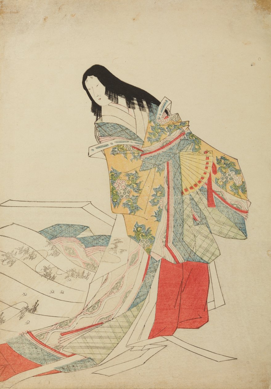 Stehende Hofdame mit Fächer, Tafel aus dem Album „Nishiki-zuri onna sanju e-zukushi“ von Chobunsai Eishi