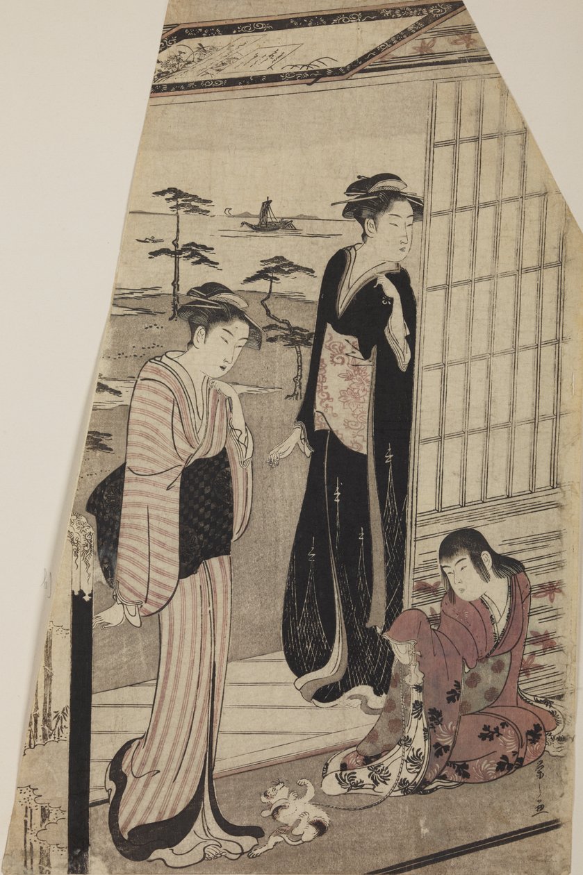 Zwei Frauen und ein Mädchen mit Kätzchen auf der Türschwelle von Chobunsai Eishi