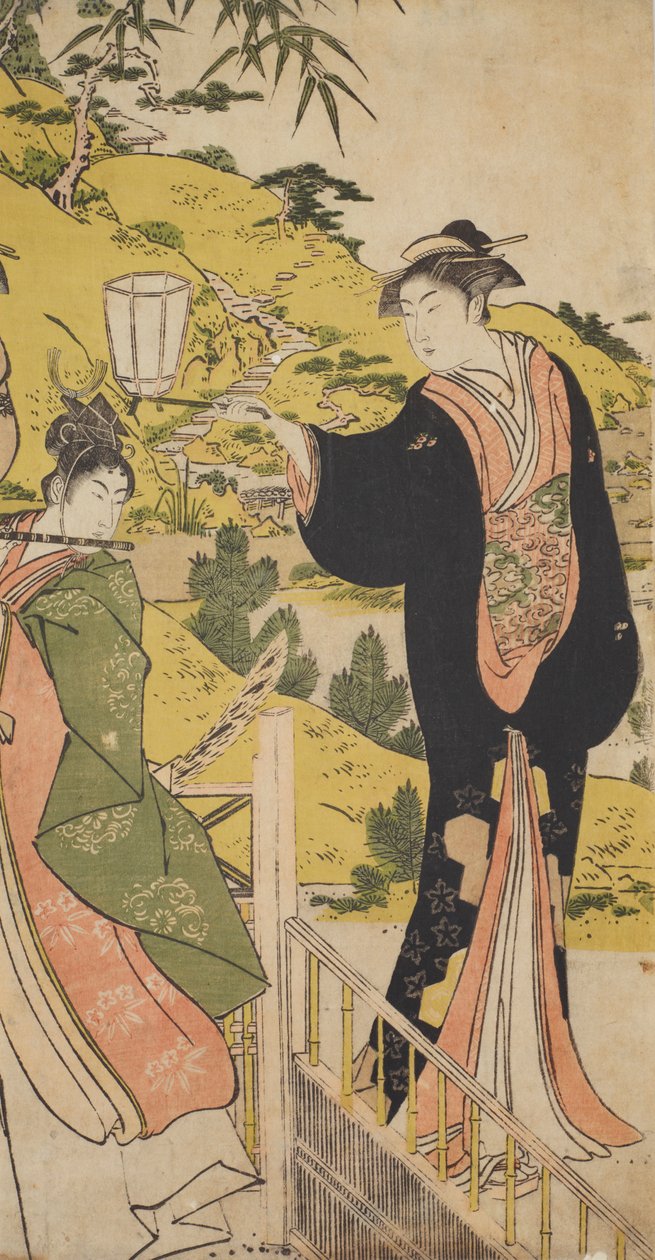 Junger Mann, der Flöte spielt, und Frau mit Laterne von Chobunsai Eishi