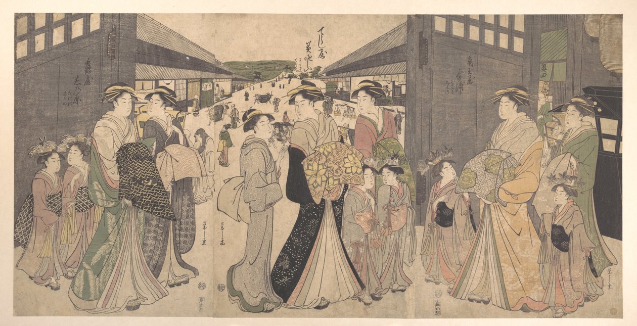 Oiran und Begleiter am Ō Mon oder Großes Tor von Yoshiwara von Chobunsai Eishi